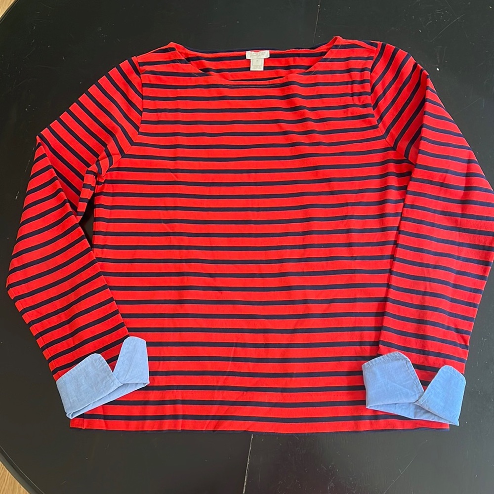 J crew red w/navy stripes long sleeve top. With blue cotton cuffs. Size medium.